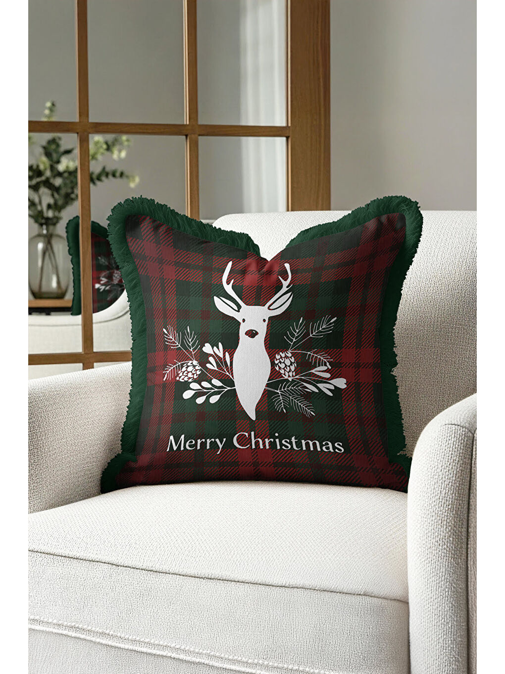 Karışık Lüks Ekose Saçaklı Yastık Kılıfı - Yılbaşı Rustik Çam Yeşili Püsküllü Kırlent Kılıfı-3