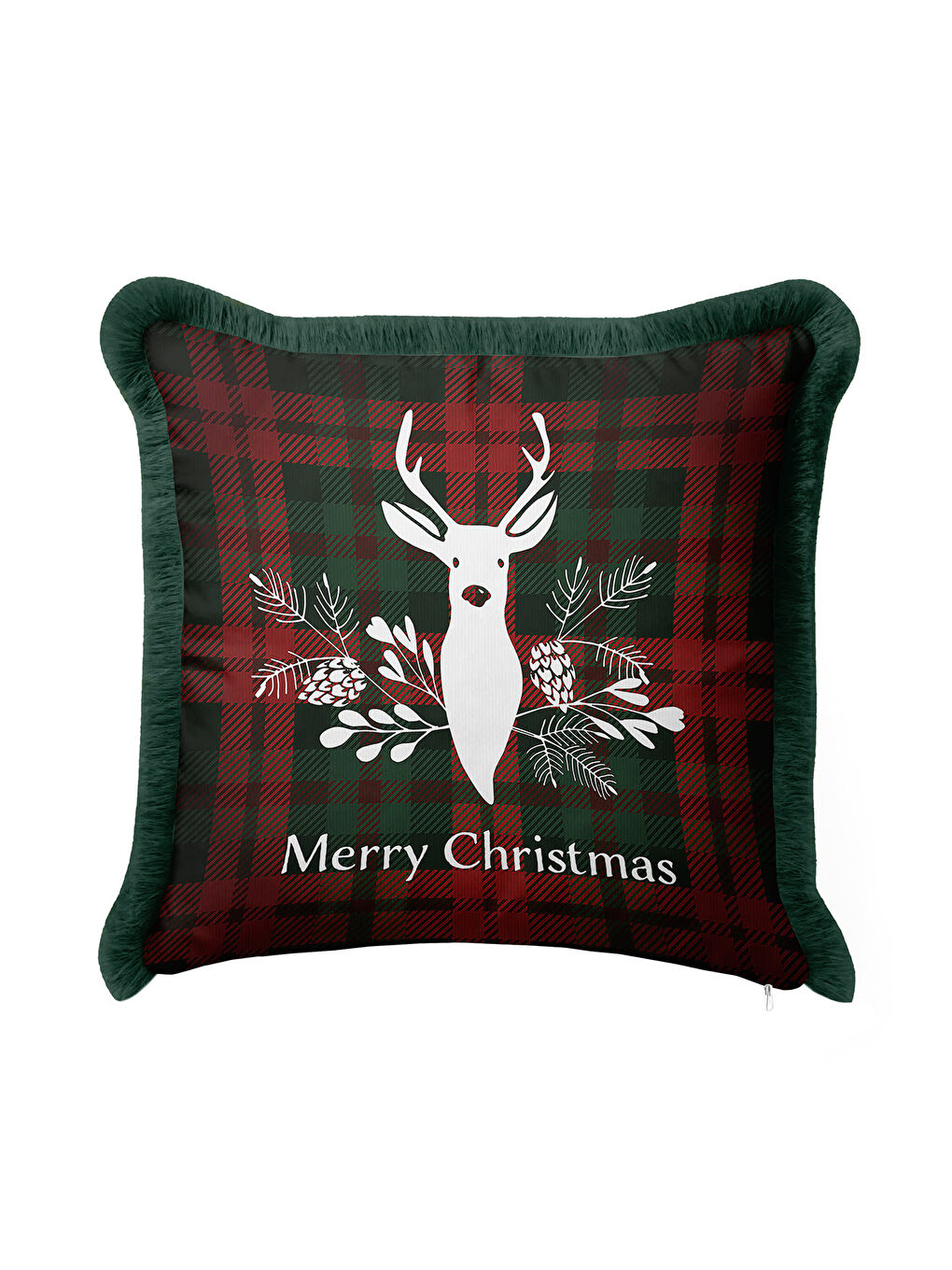 Karışık Lüks Ekose Saçaklı Yastık Kılıfı - Yılbaşı Rustik Çam Yeşili Püsküllü Kırlent Kılıfı-4