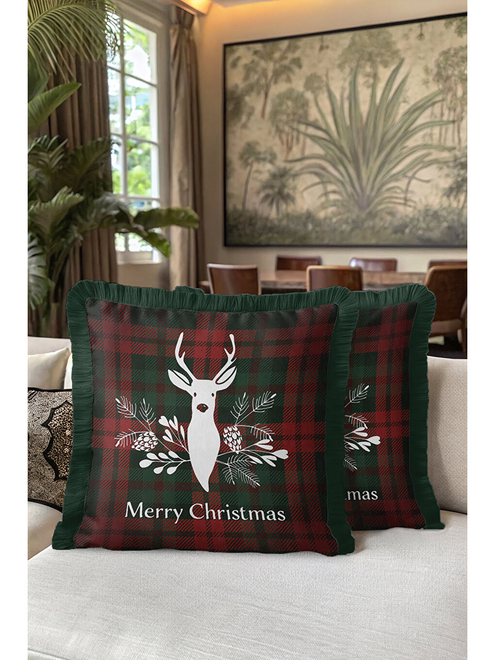 Karışık Lüks Ekose Saçaklı Yastık Kılıfı - Yılbaşı Rustik Çam Yeşili Püsküllü Kırlent Kılıfı-5