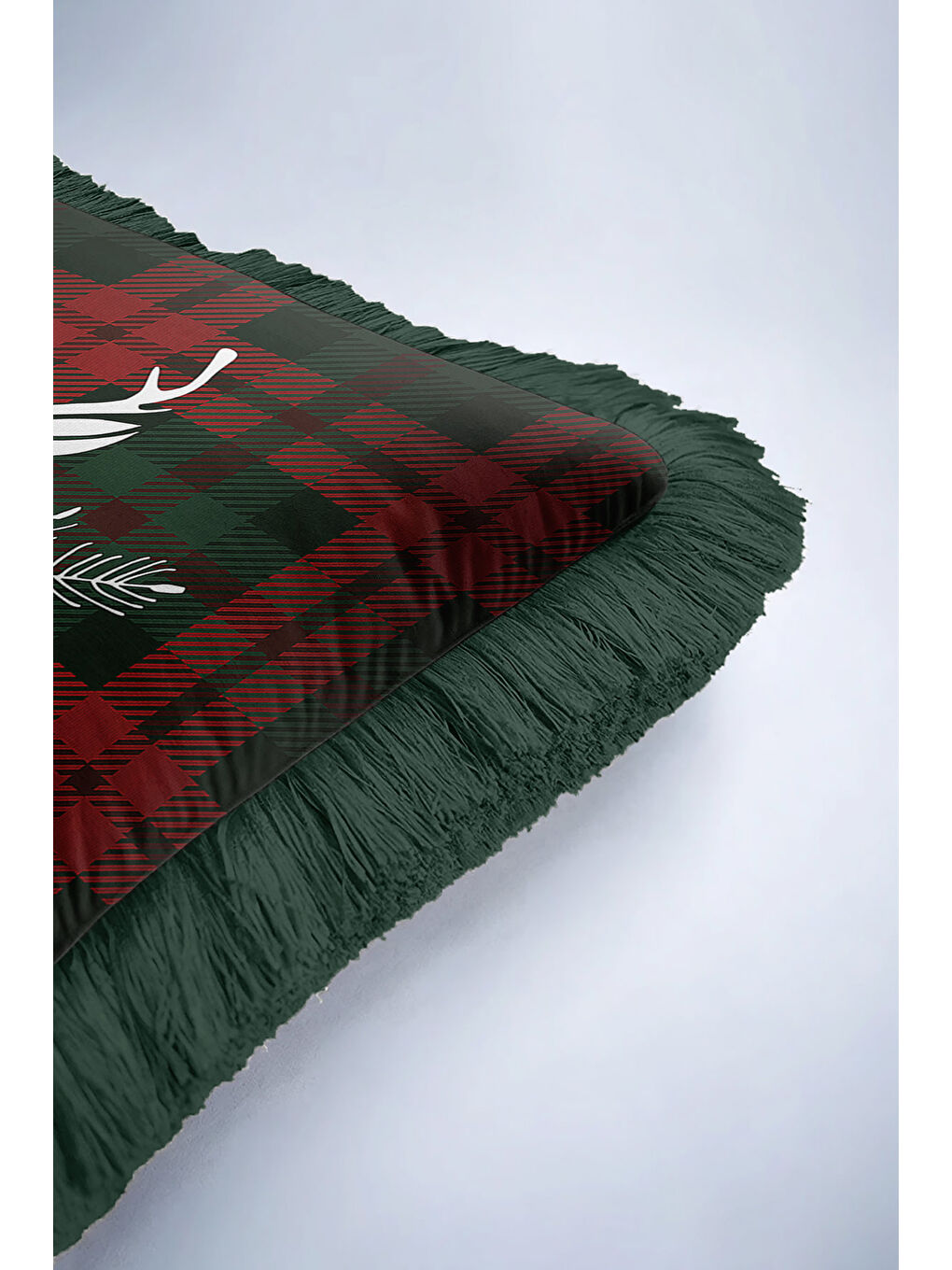 Karışık Lüks Ekose Saçaklı Yastık Kılıfı - Yılbaşı Rustik Çam Yeşili Püsküllü Kırlent Kılıfı-6