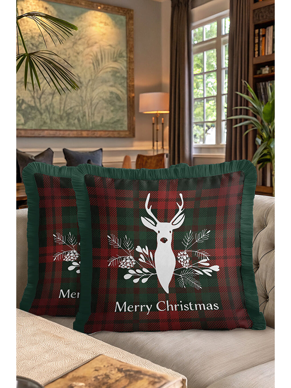 Karışık Lüks Ekose Saçaklı Yastık Kılıfı - Yılbaşı Rustik Çam Yeşili Püsküllü Kırlent Kılıfı-7