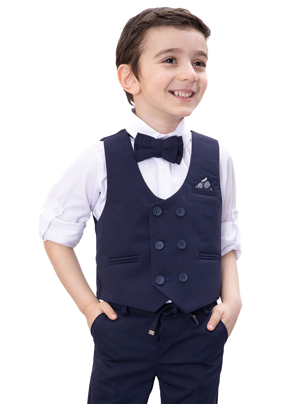 Lacivert Düğmeli Yelekli Papyonlu Gömlekli Erkek Çocuk 4lü Takım Elbise 20543-1