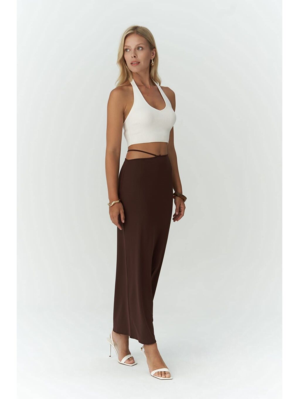 Kahverengi Willy Ip Detaylı Kahve Uzun Etek-6