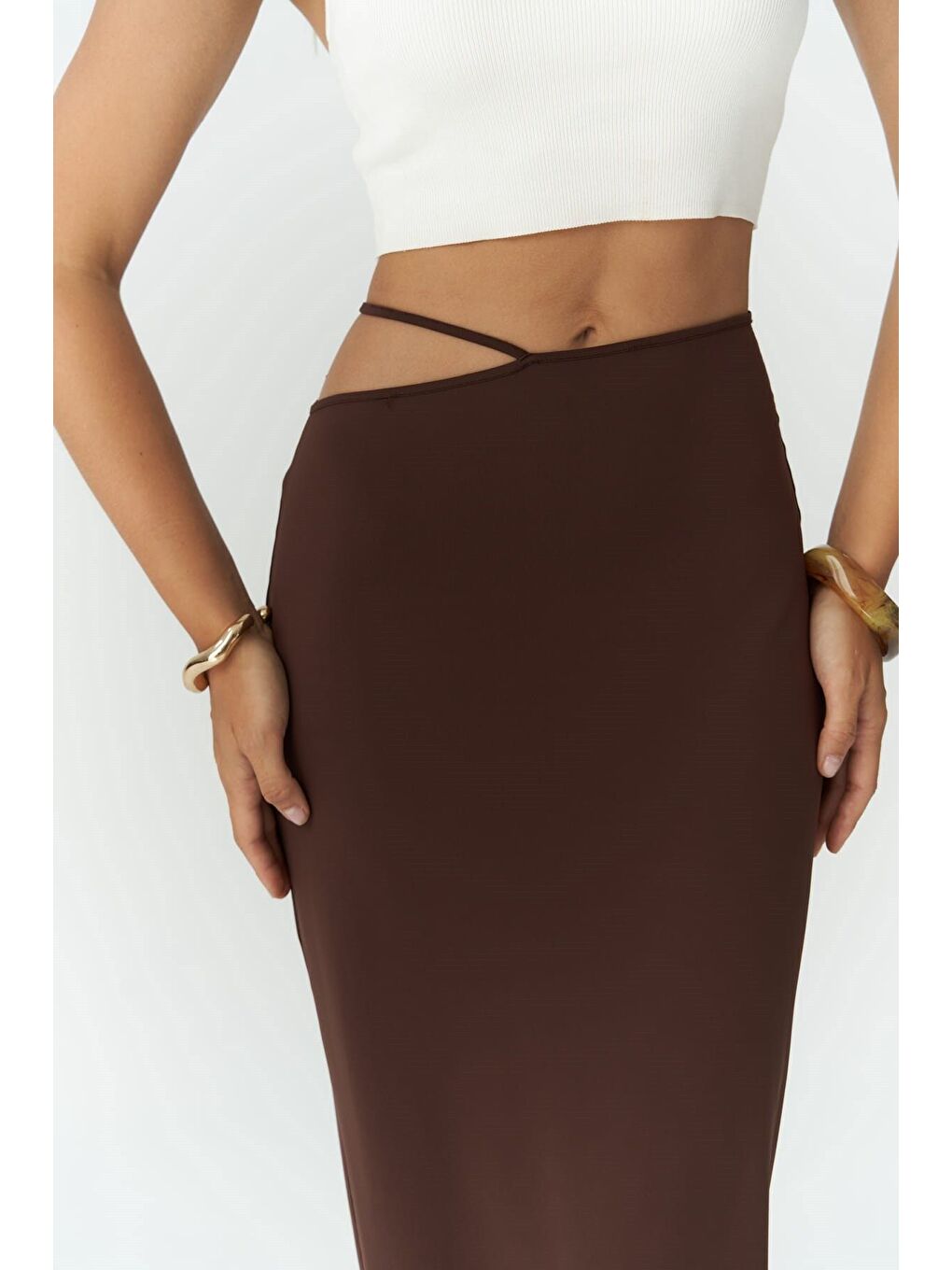 Kahverengi Willy Ip Detaylı Kahve Uzun Etek-4
