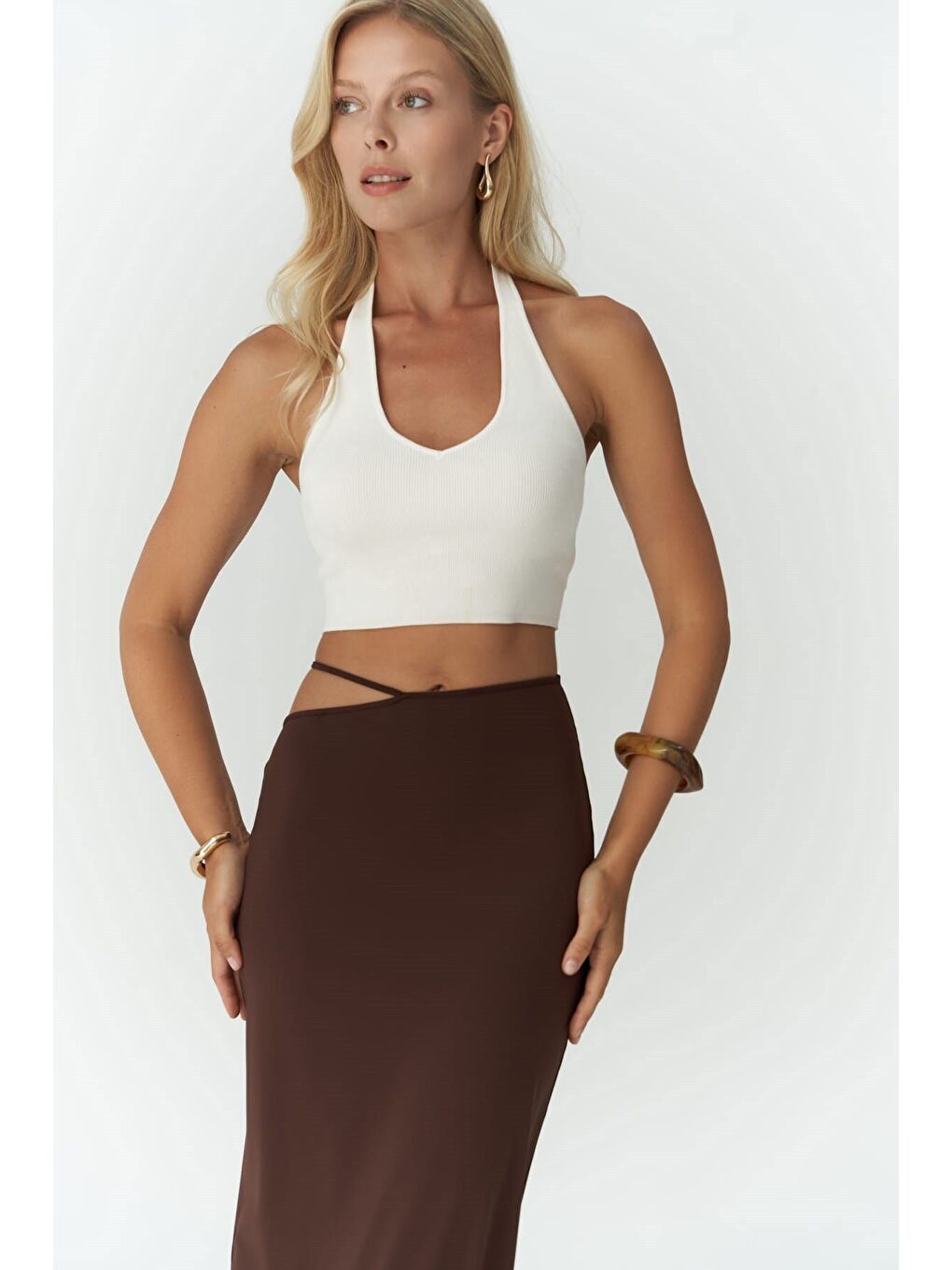 Kahverengi Willy Ip Detaylı Kahve Uzun Etek-3