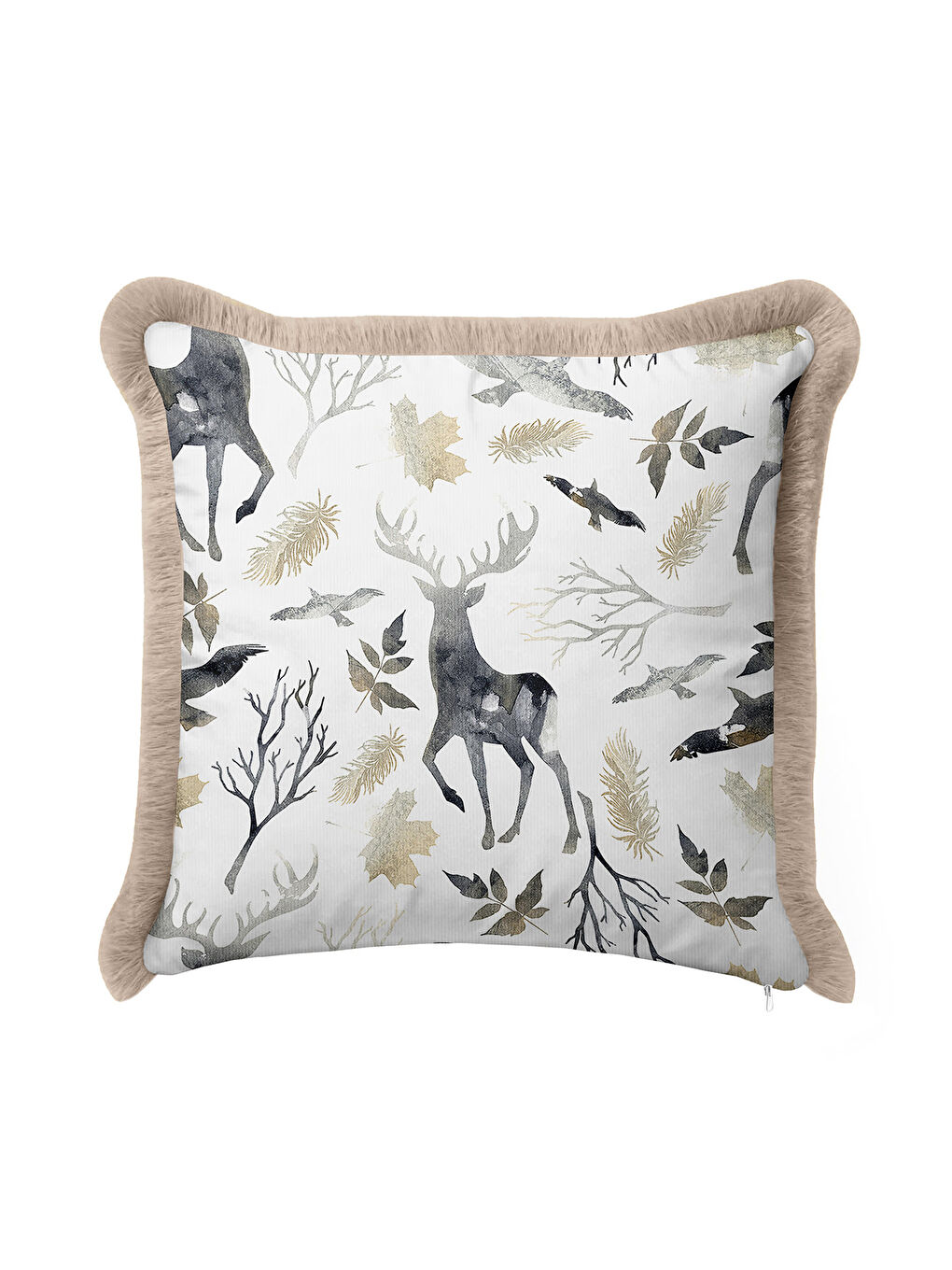 Karışık Lüks Orman Hayvanları Saçaklı Yastık Kılıfı - Doğal Rustik Gri Altın Renkli Püsküllü Kırlent Kılıfı-1