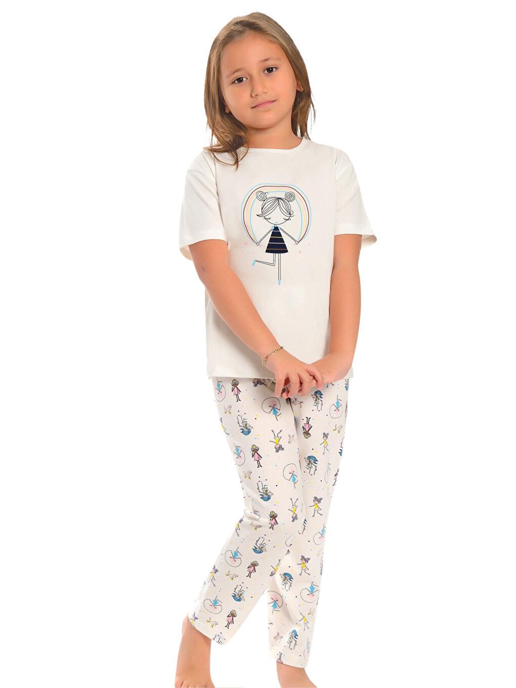 Ekru Pamuklu Kısa Kollu Desenli Düz Paça Kız Çocuk Pijama Takım