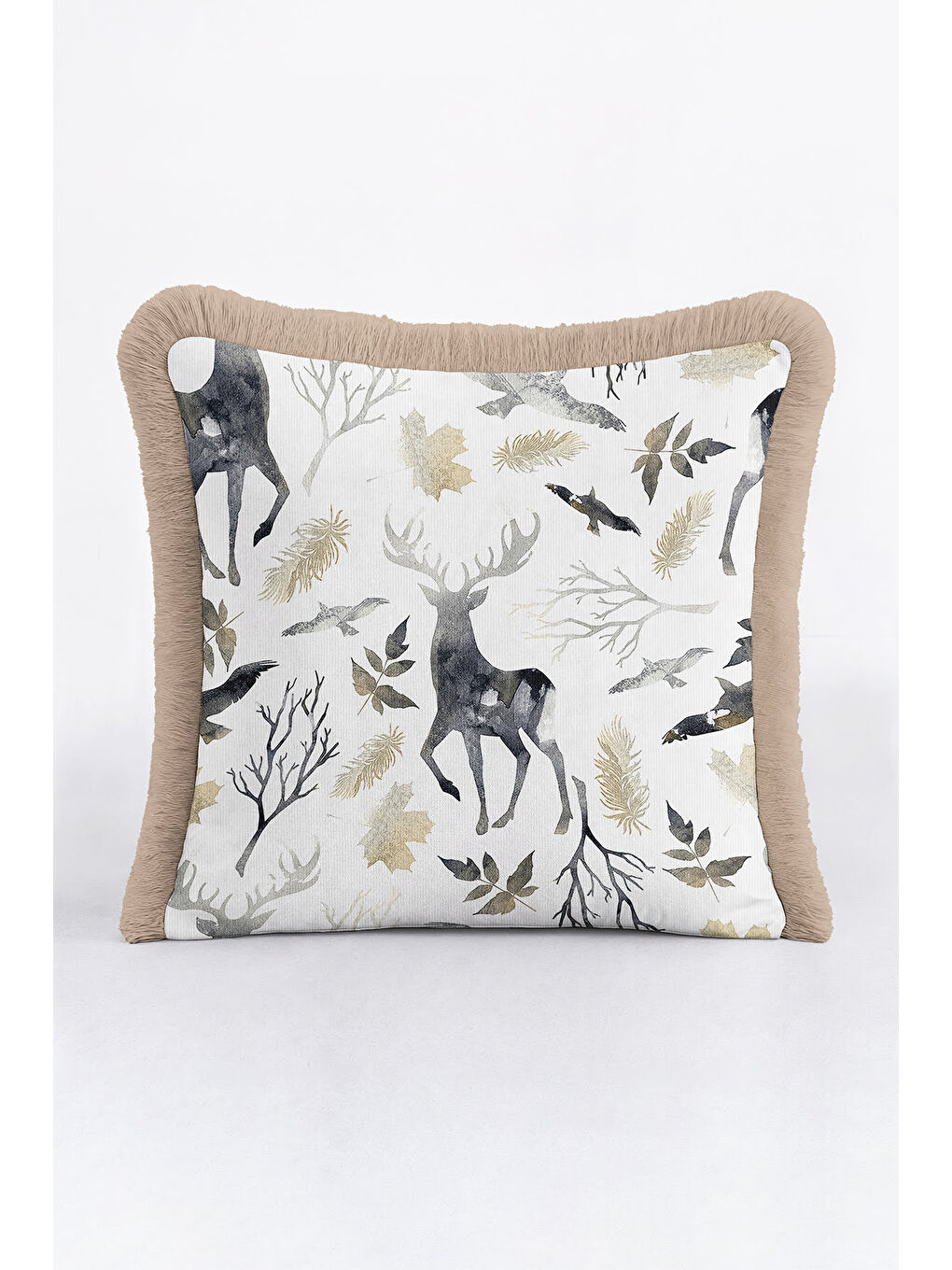 Karışık Lüks Orman Hayvanları Saçaklı Yastık Kılıfı - Doğal Rustik Gri Altın Renkli Püsküllü Kırlent Kılıfı-2