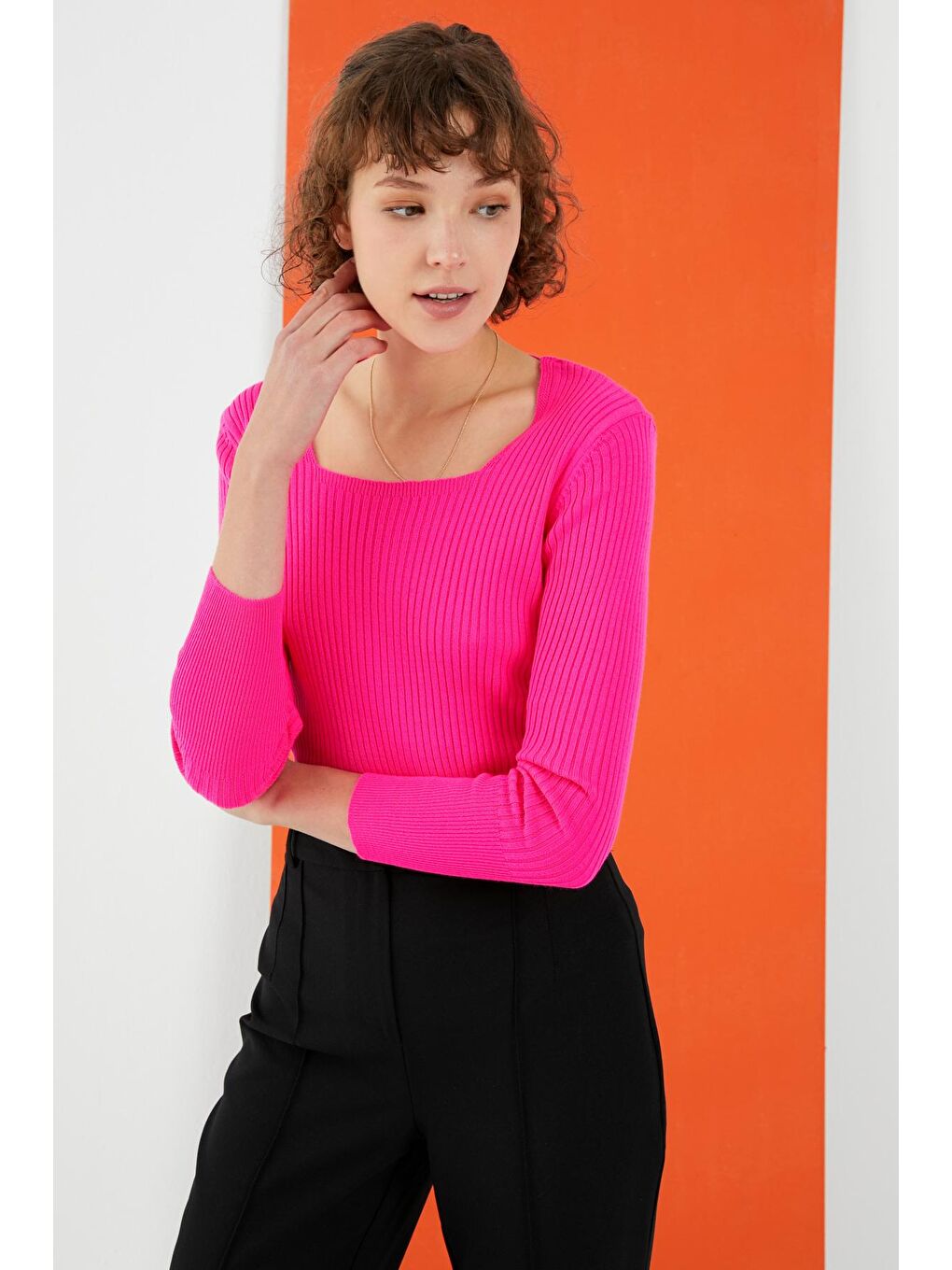 Fuşya Kare Yaka Fitilli Dar Kalıp Basic Kazak-2