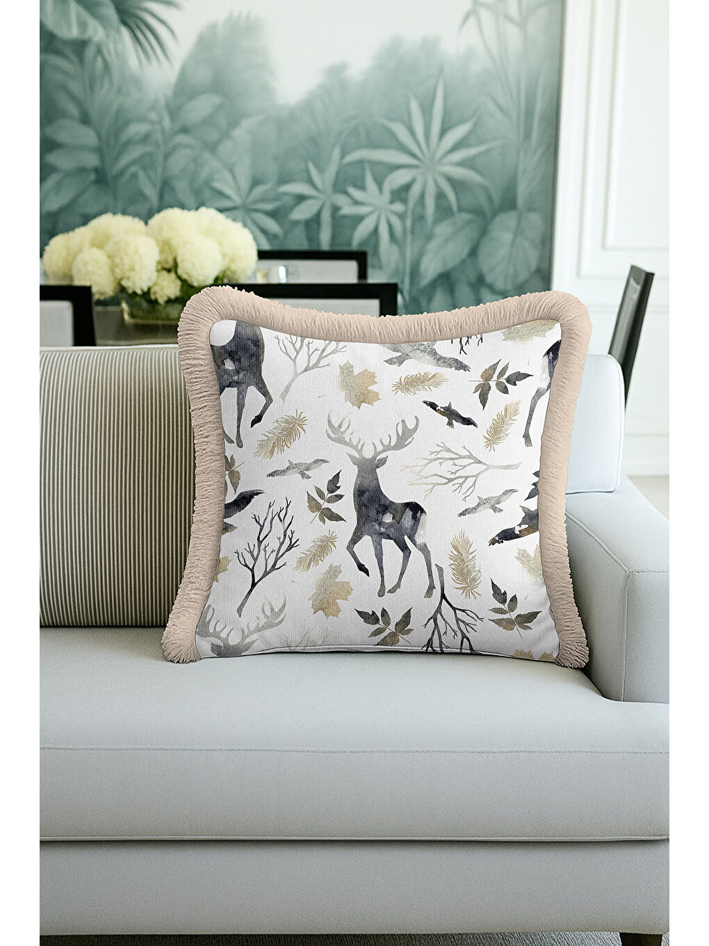 Karışık Lüks Orman Hayvanları Saçaklı Yastık Kılıfı - Doğal Rustik Gri Altın Renkli Püsküllü Kırlent Kılıfı-3