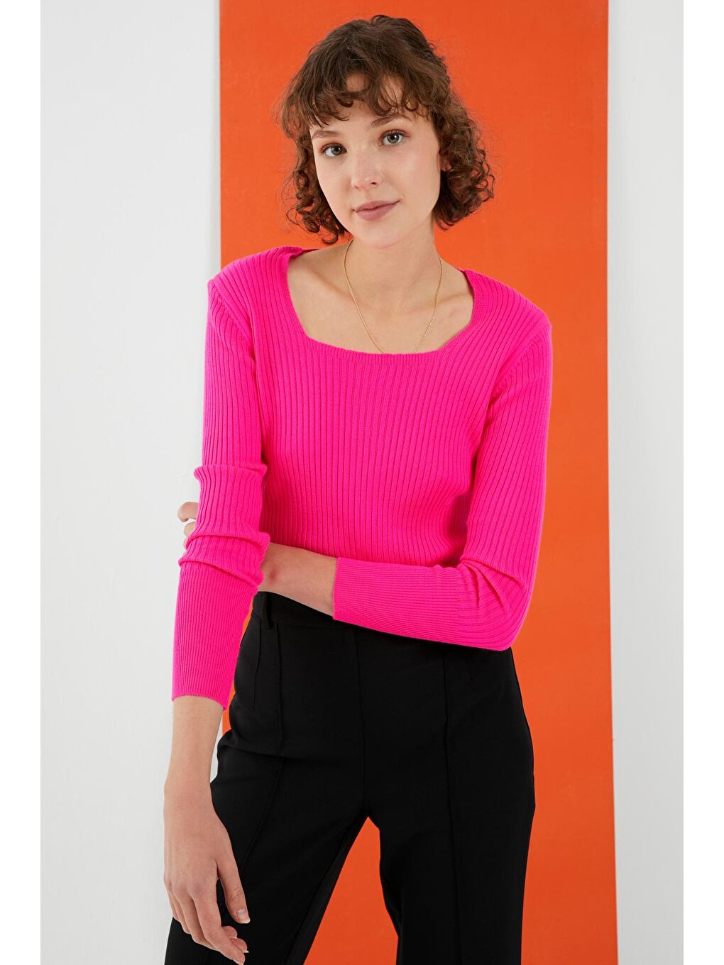 Fuşya Kare Yaka Fitilli Dar Kalıp Basic Kazak-3