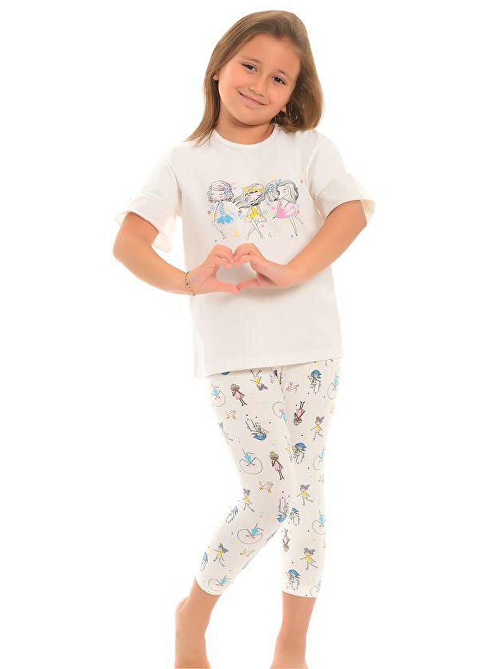 Ekru Pamuklu Kısa Kollu Desenli Taytlı Kız Çocuk Pijama Takım