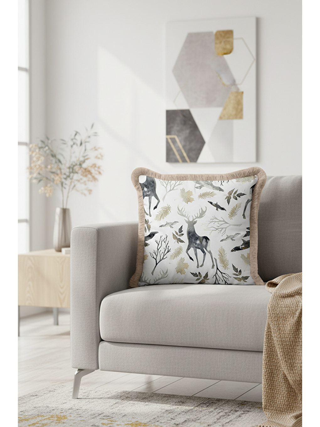 Karışık Lüks Orman Hayvanları Saçaklı Yastık Kılıfı - Doğal Rustik Gri Altın Renkli Püsküllü Kırlent Kılıfı-4