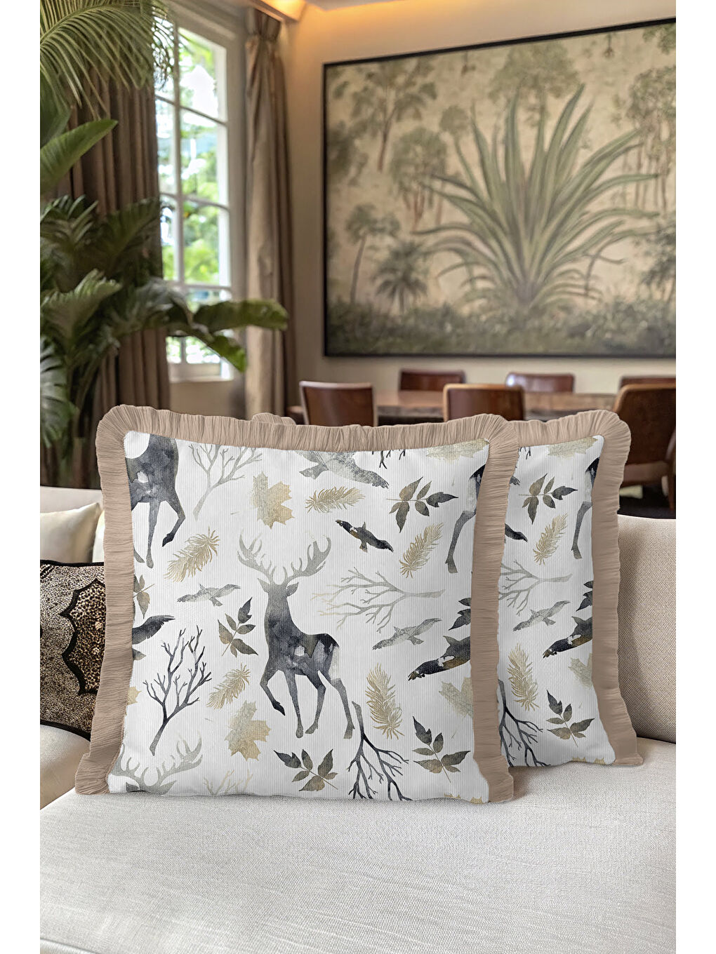 Karışık Lüks Orman Hayvanları Saçaklı Yastık Kılıfı - Doğal Rustik Gri Altın Renkli Püsküllü Kırlent Kılıfı-5