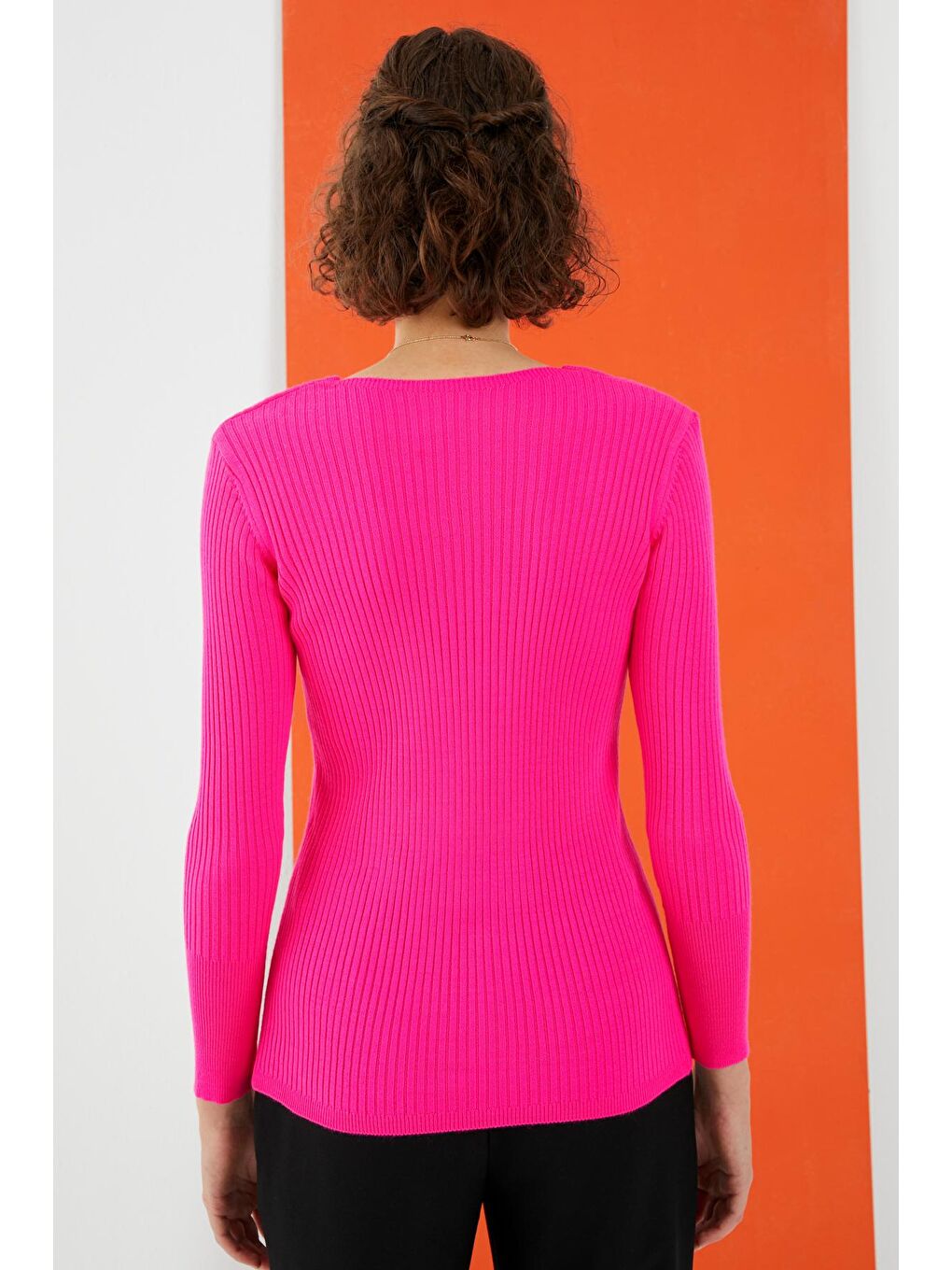 Fuşya Kare Yaka Fitilli Dar Kalıp Basic Kazak-4