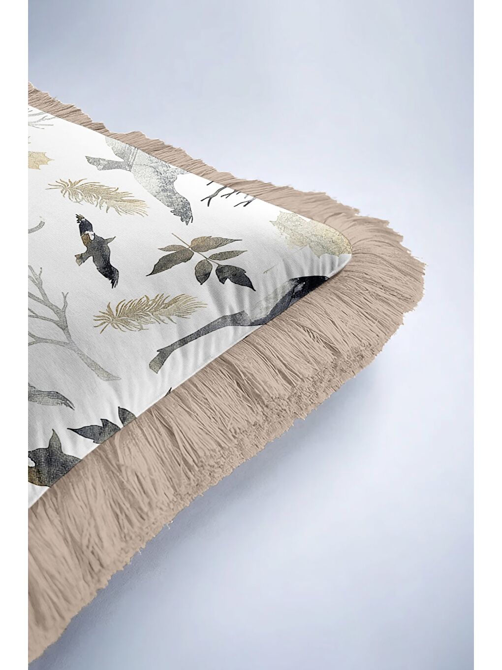 Karışık Lüks Orman Hayvanları Saçaklı Yastık Kılıfı - Doğal Rustik Gri Altın Renkli Püsküllü Kırlent Kılıfı-6