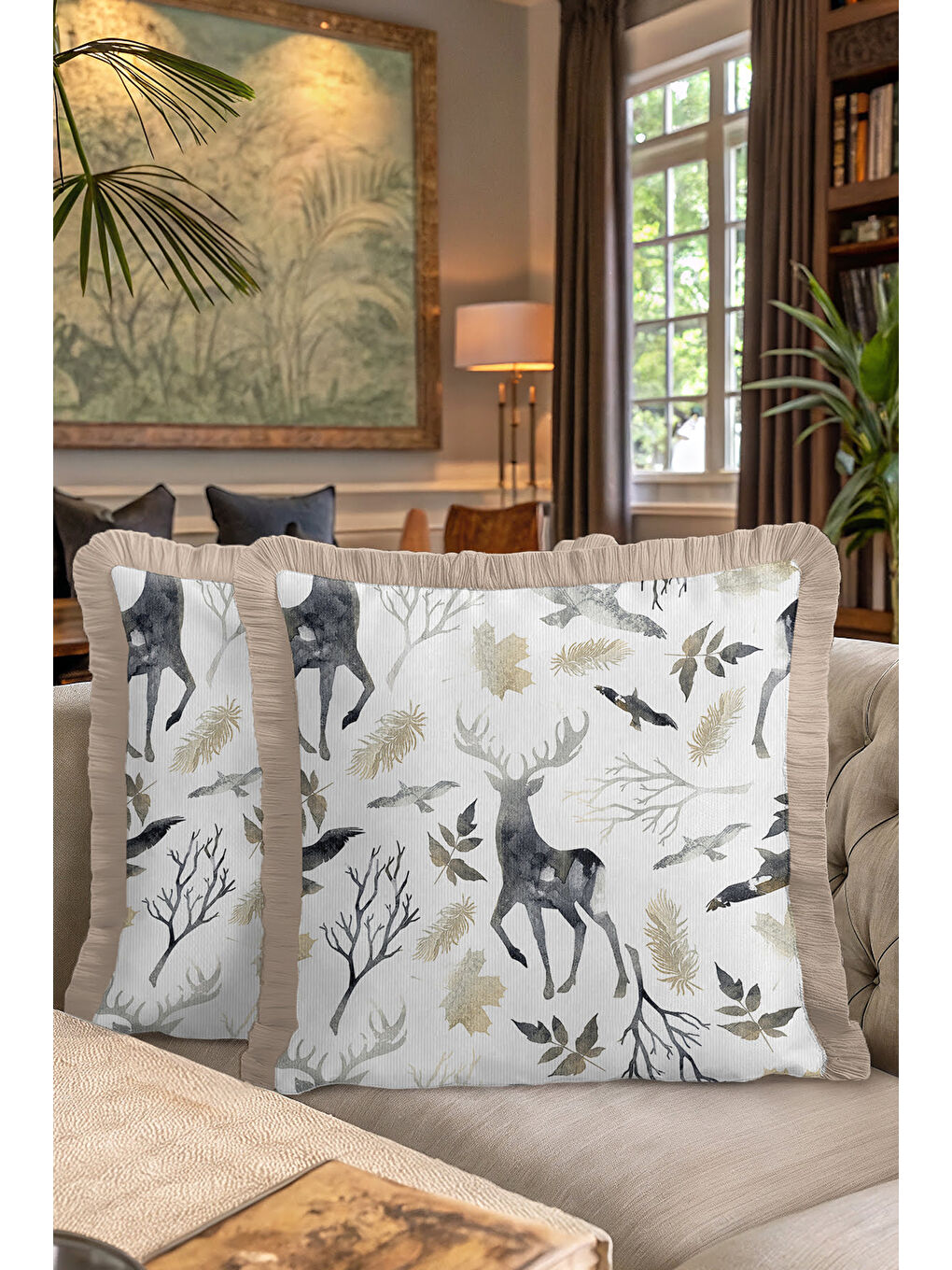 Karışık Lüks Orman Hayvanları Saçaklı Yastık Kılıfı - Doğal Rustik Gri Altın Renkli Püsküllü Kırlent Kılıfı-7