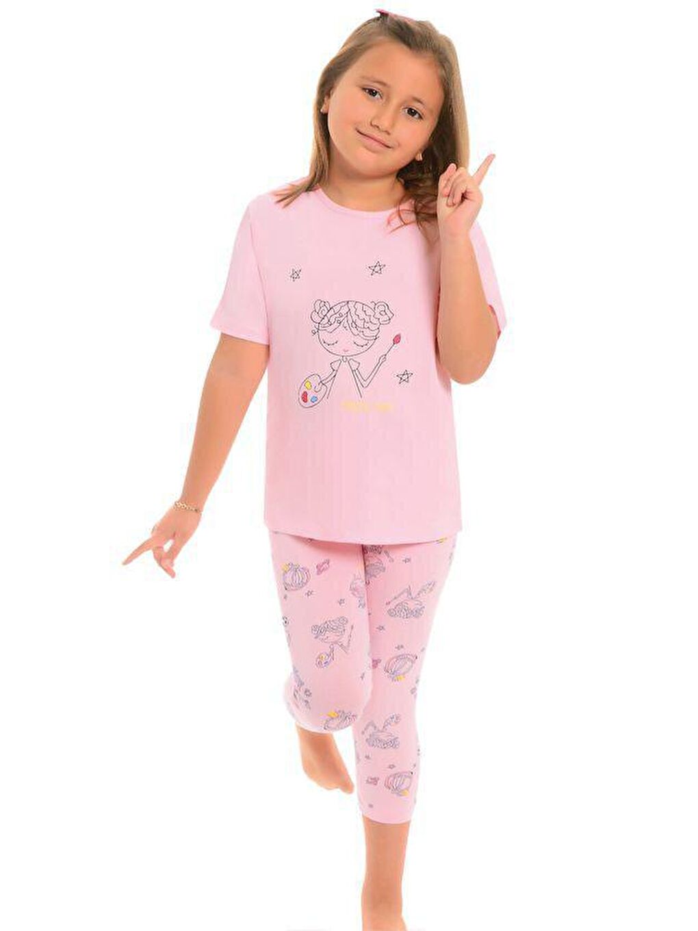 Pembe Pamuklu Kısa Kollu Desenli Taytlı Kız Çocuk Pijama Takım