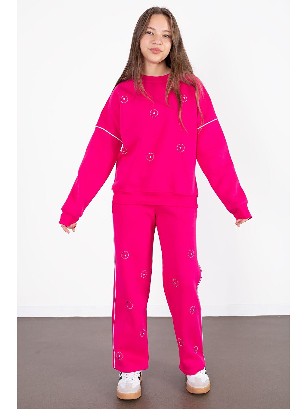 Fuşya Payet İşlemeli Şardonlu Kız Çocuk 2li Eşofman Takımı 21426-1