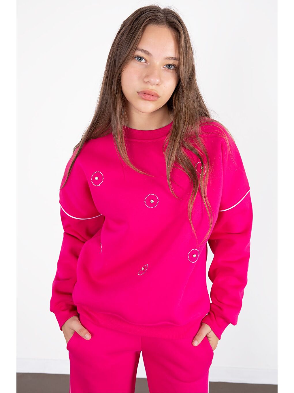 Fuşya Payet İşlemeli Şardonlu Kız Çocuk 2li Eşofman Takımı 21426-2