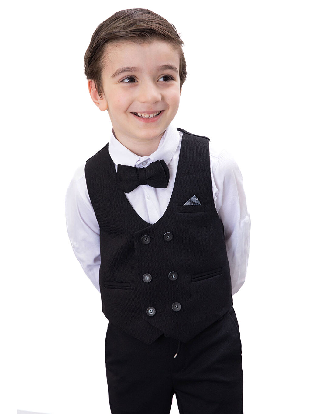 Siyah Düğmeli Yelekli Papyonlu Gömlekli Erkek Çocuk 4lü Takım Elbise 20542-2