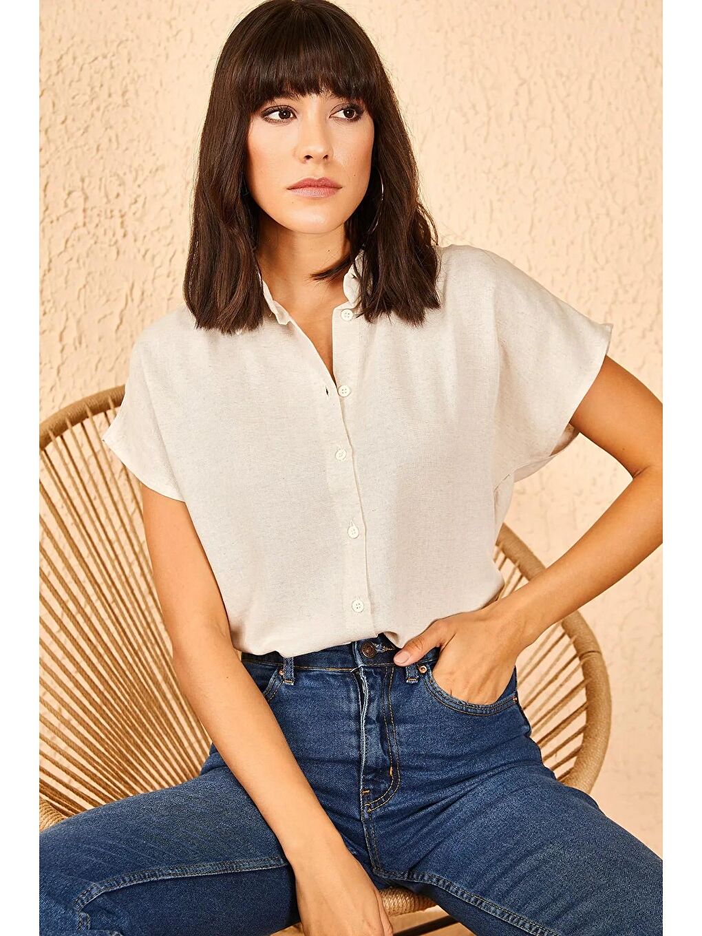 Bej Kadın Desenli Yarasa Kol Keten Gömlek-1