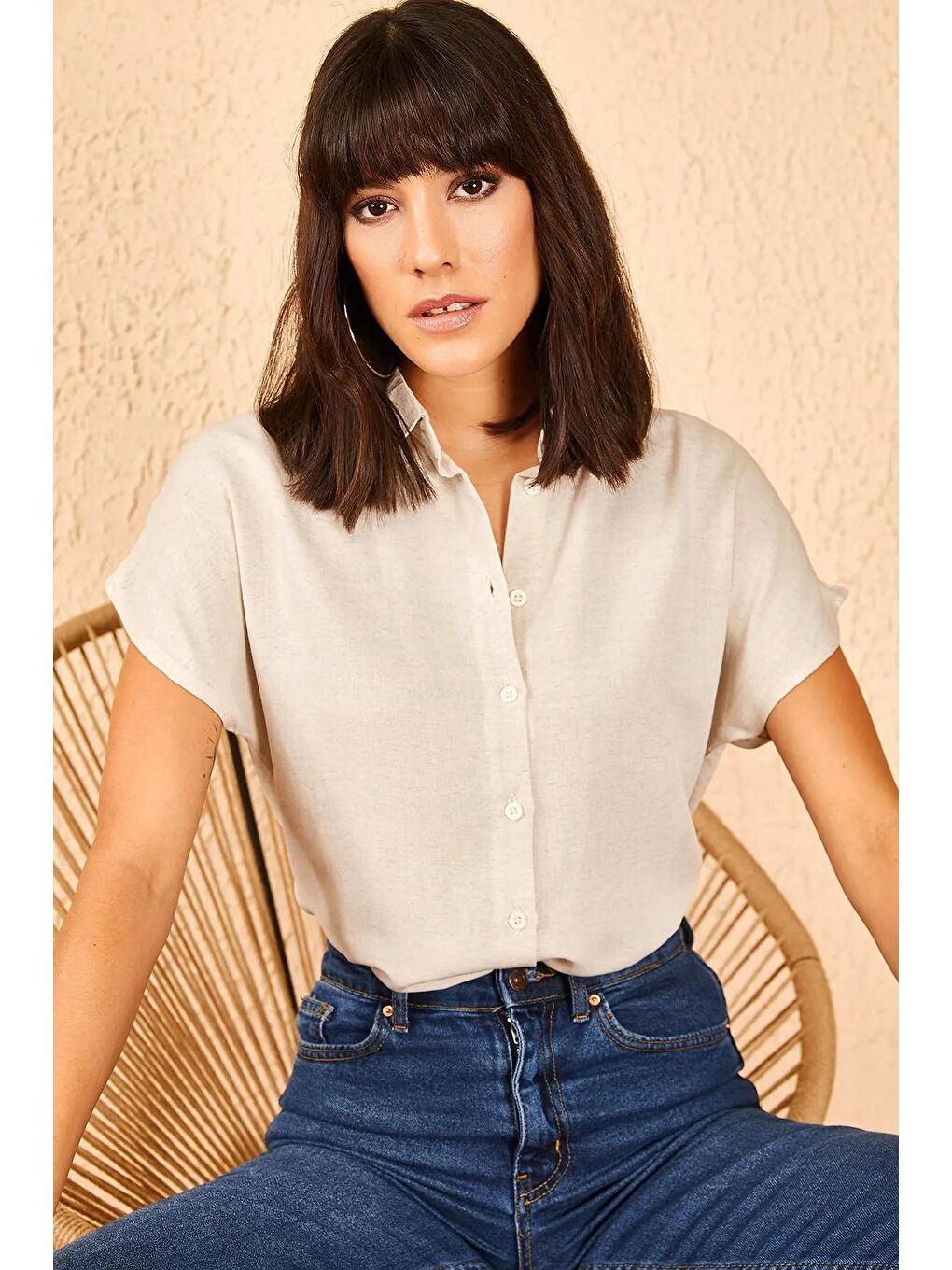 Bej Kadın Desenli Yarasa Kol Keten Gömlek-2