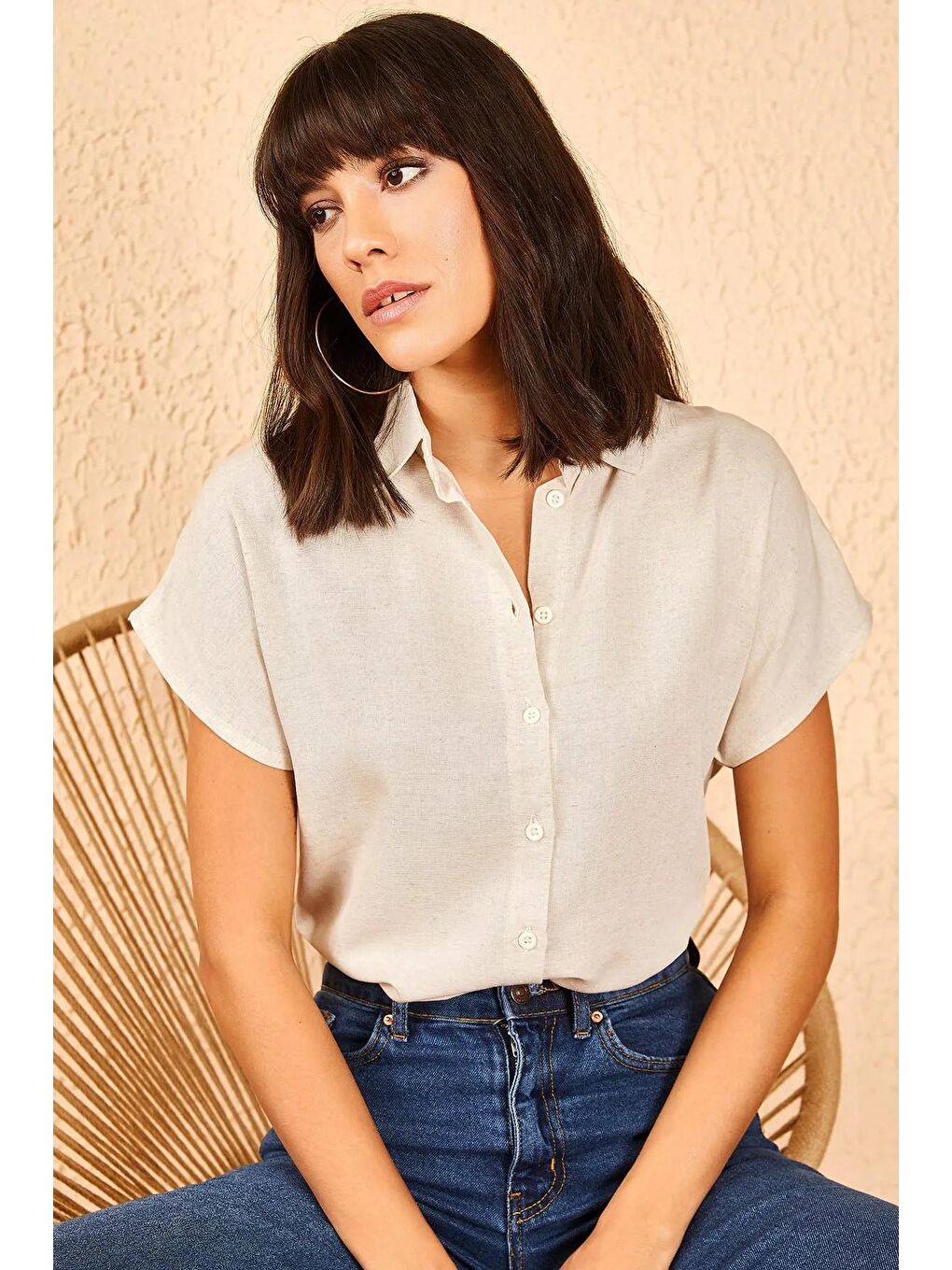 Bej Kadın Desenli Yarasa Kol Keten Gömlek-3