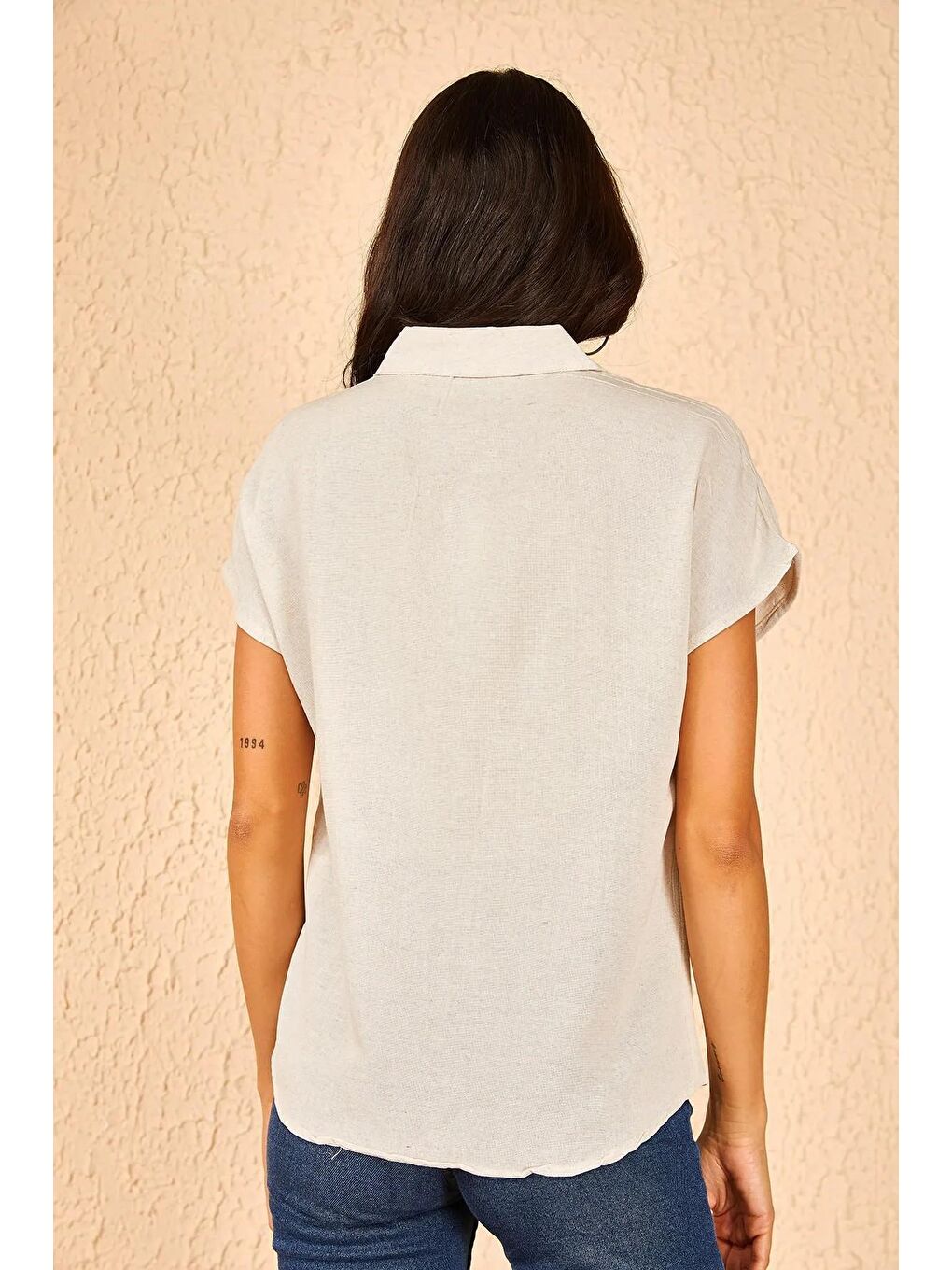 Bej Kadın Desenli Yarasa Kol Keten Gömlek-4