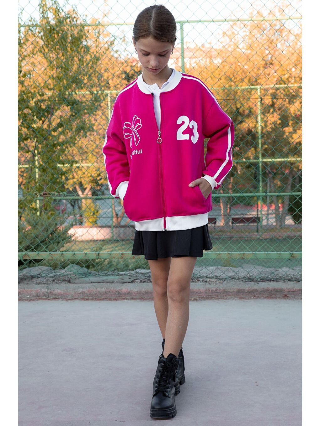 Fuşya Beautifull Yazılı Kolu Şeritli Kız Çocuk Kolej Hırka 21194-1