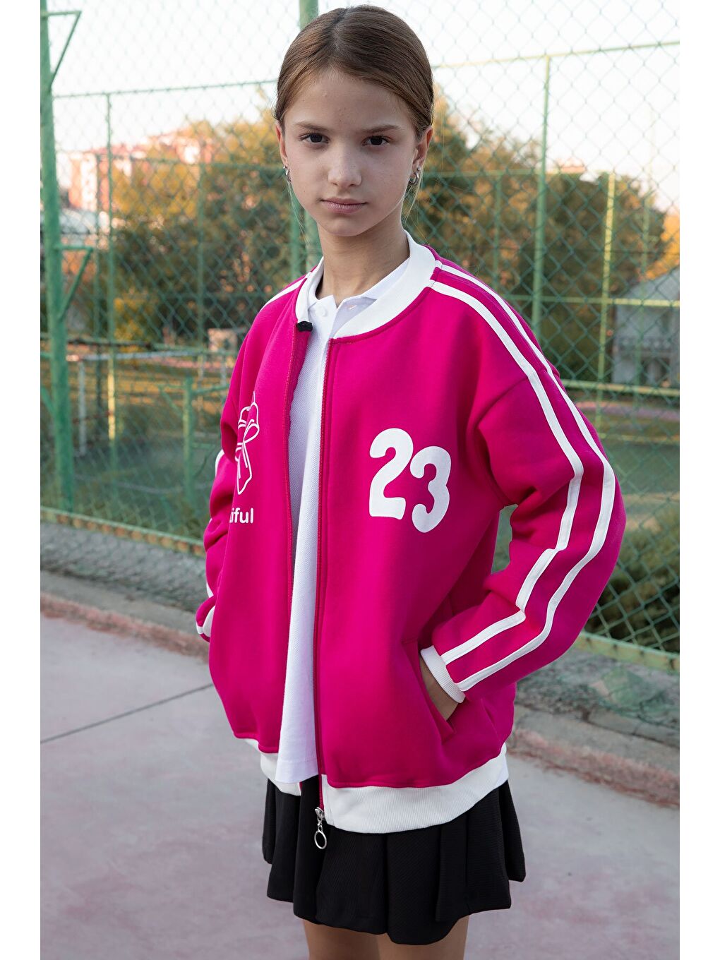 Fuşya Beautifull Yazılı Kolu Şeritli Kız Çocuk Kolej Hırka 21194-2