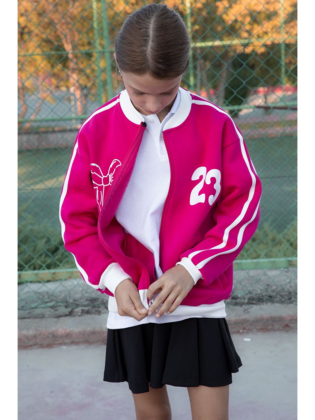 Fuşya Beautifull Yazılı Kolu Şeritli Kız Çocuk Kolej Hırka 21194-3