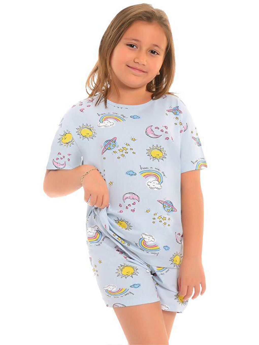 Mavi Pamuklu Kısa Kollu Desenli Şortlu Kız Çocuk Pijama Takım