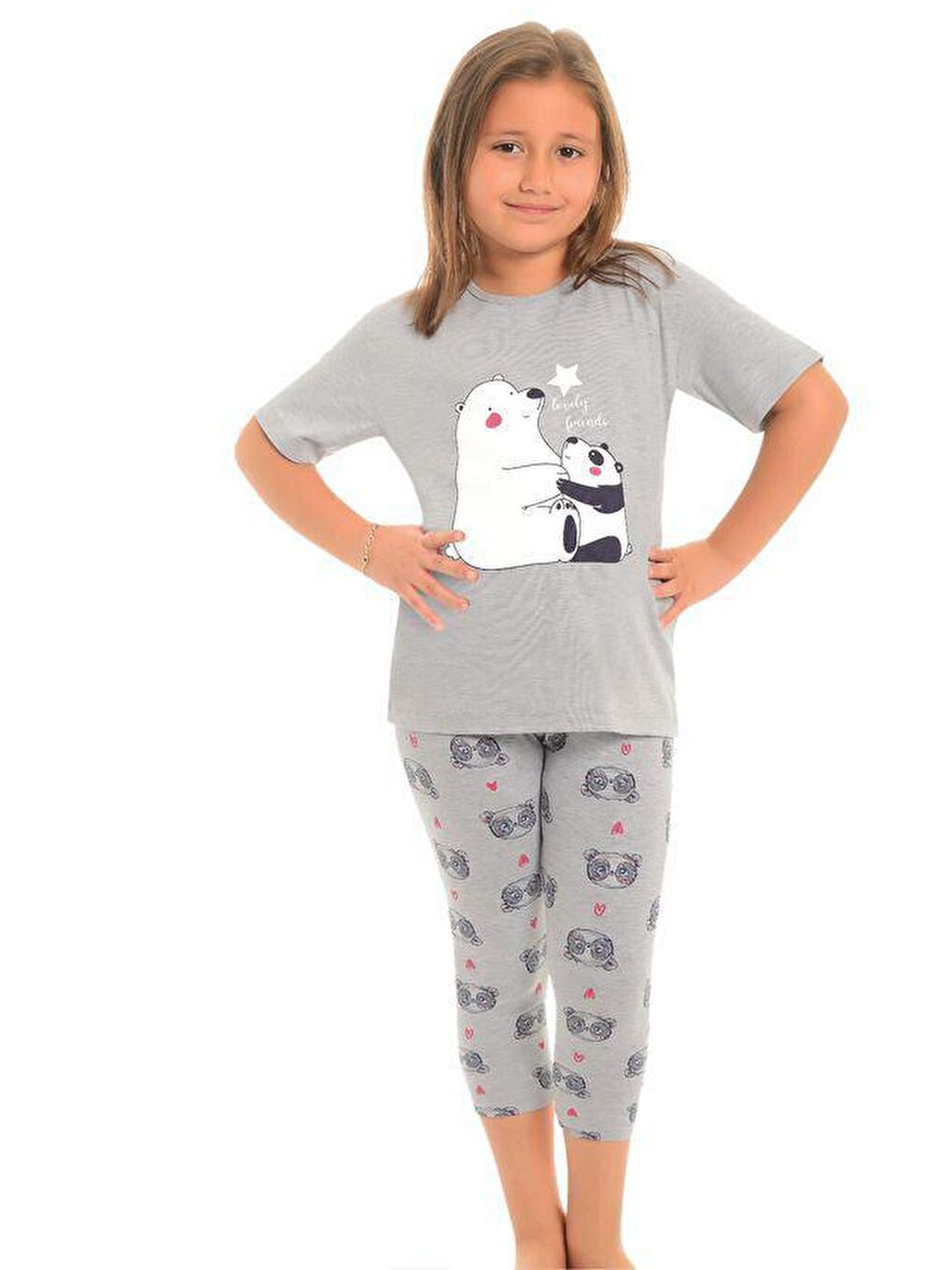 Gri Pamuklu Kısa Kollu Desenli Taytlı Kız Çocuk Pijama Takım