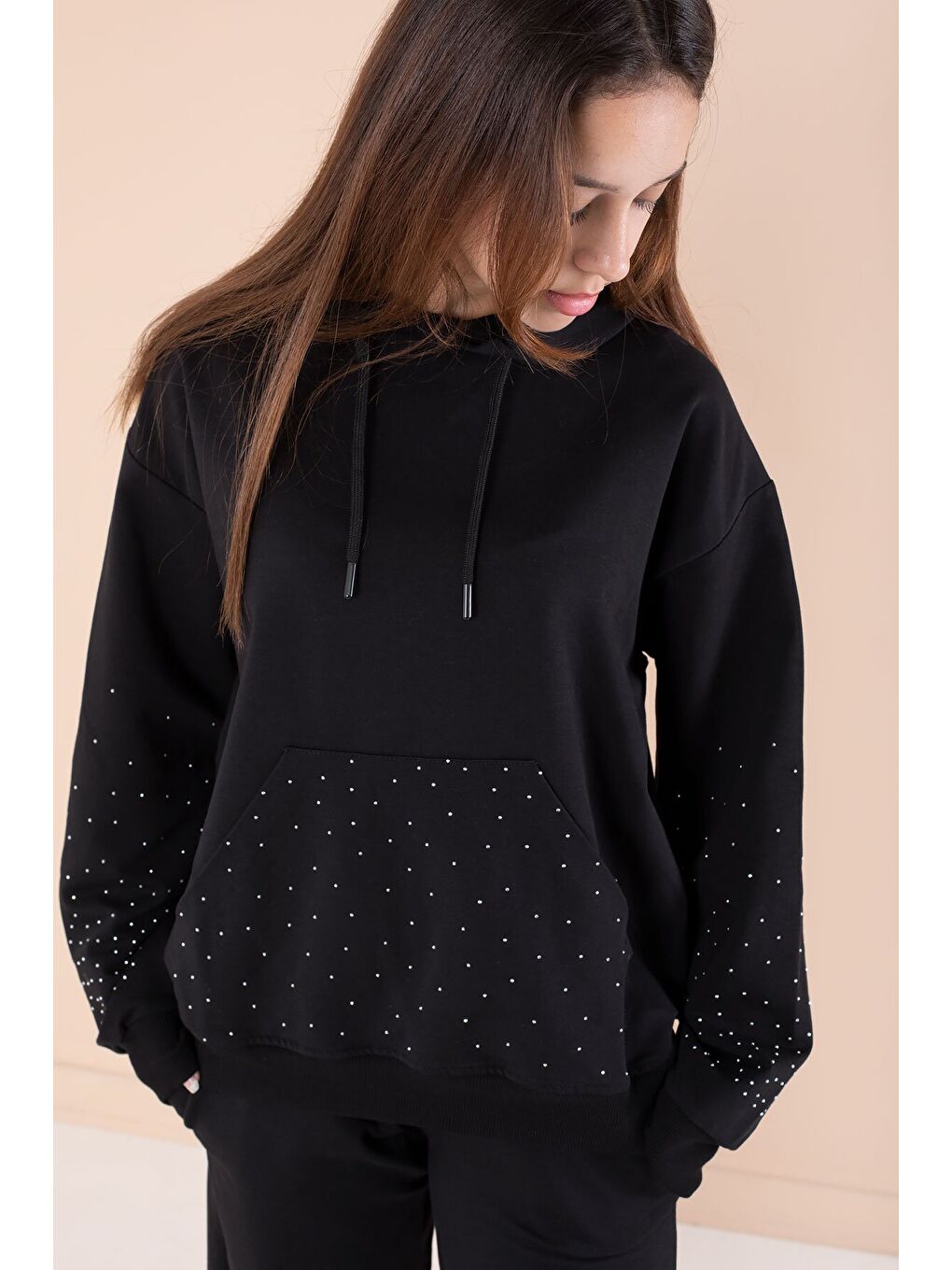 Siyah Kız Çocuk Taş Detaylı 2li Takım 21183-1