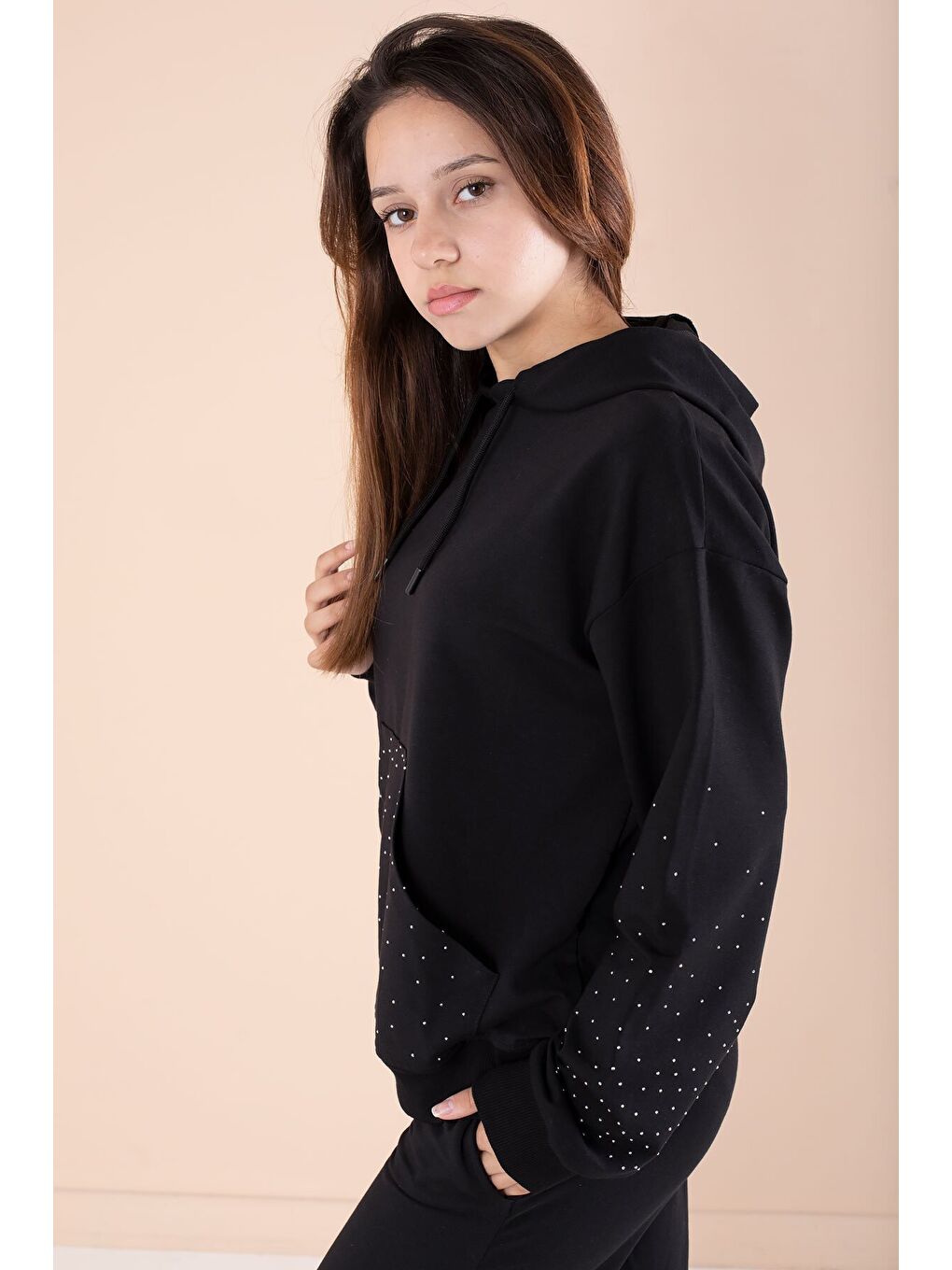 Siyah Kız Çocuk Taş Detaylı 2li Takım 21183-2