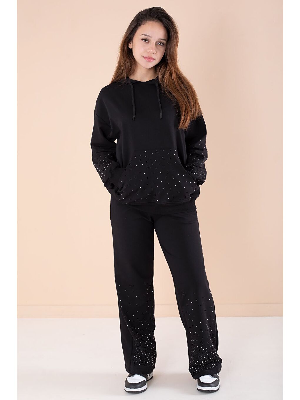 Siyah Kız Çocuk Taş Detaylı 2li Takım 21183-3