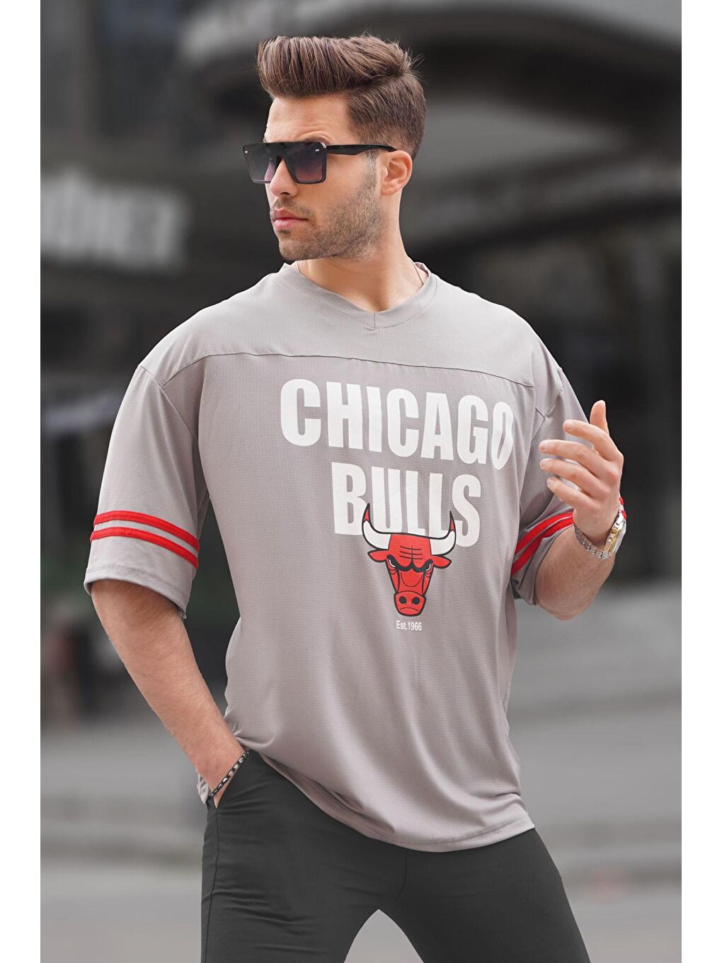 Gri Baskılı Oversize Erkek Tişört 6129