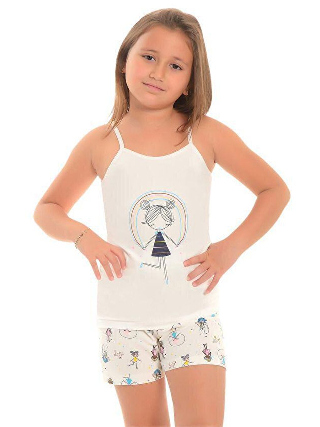 Ekru Pamuklu İnce Askılı Desenli Şortlu Kız Çocuk Pijama Takım