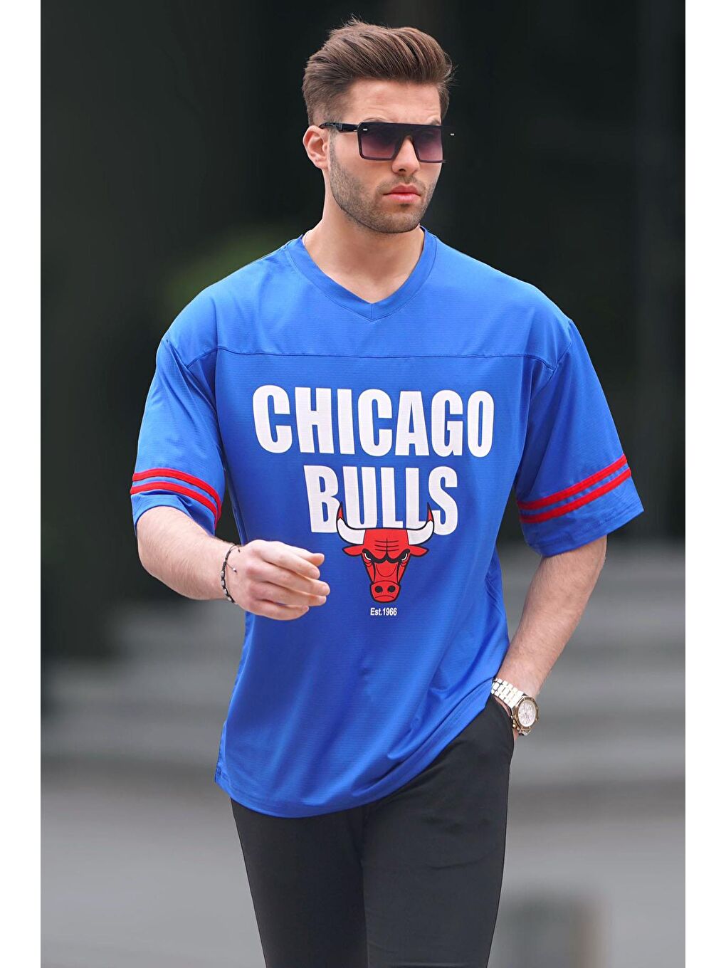 Mavi Baskılı Oversize Erkek Tişört 6129