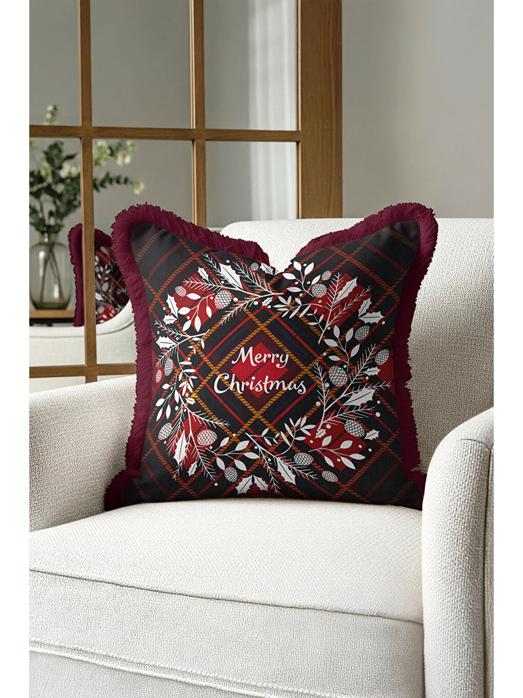 Karışık Zarif Çam Kozalaklı Saçaklı Yastık Kılıfı - Kış Rustik Bordo Kareli Püsküllü Kırlent Kılıfı-1