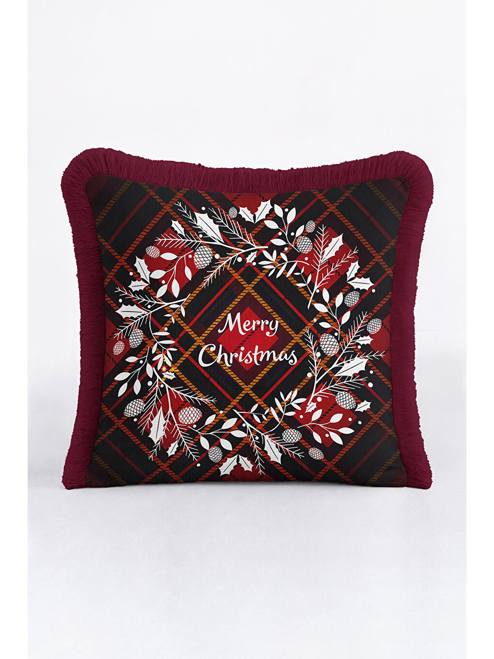 Karışık Zarif Çam Kozalaklı Saçaklı Yastık Kılıfı - Kış Rustik Bordo Kareli Püsküllü Kırlent Kılıfı-2