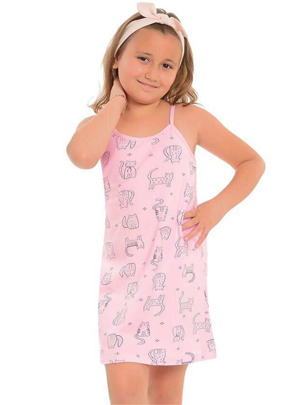 Pembe Pamuklu İnce Askılı Desenli Kız Çocuk Tunik