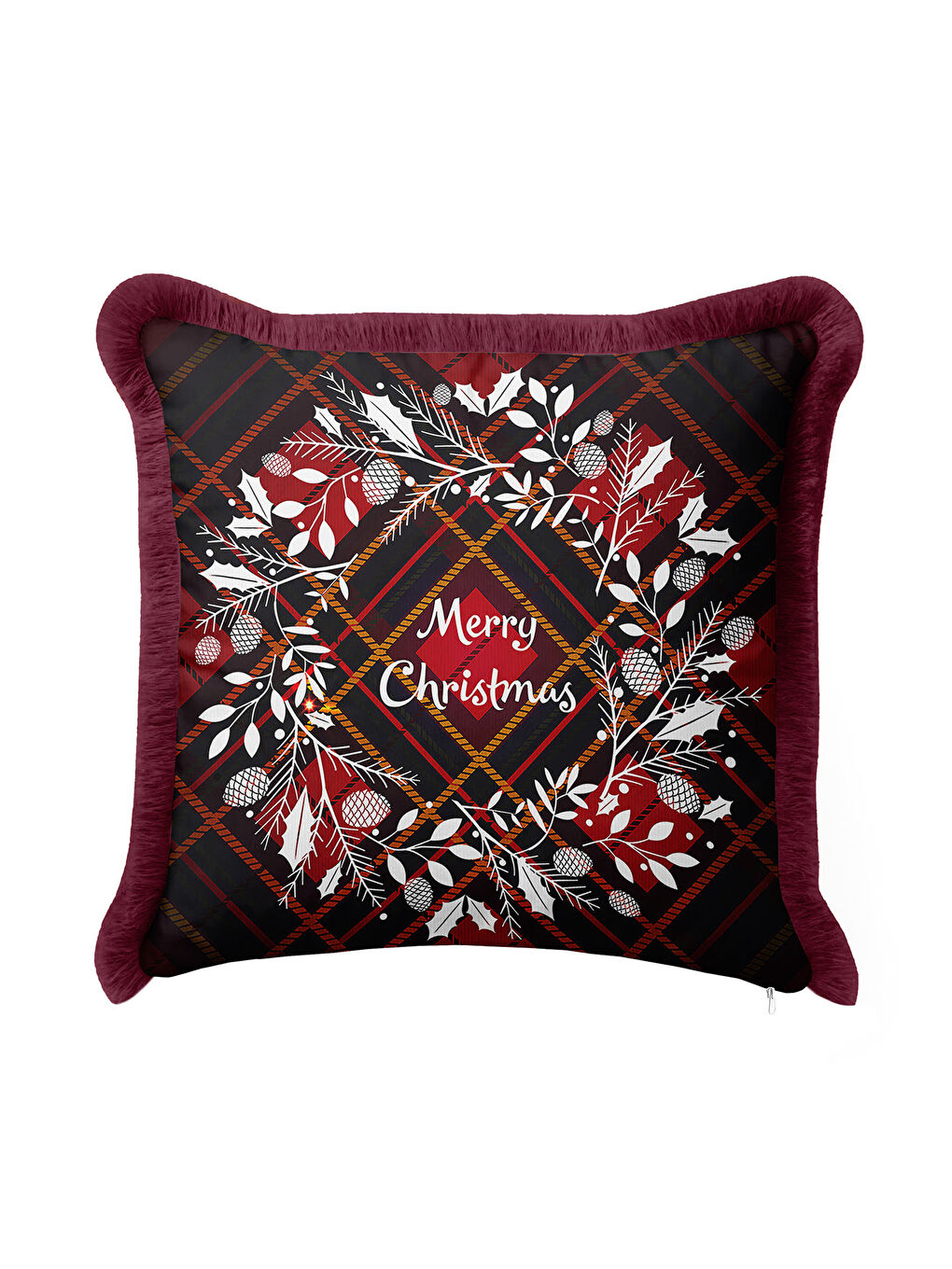 Karışık Zarif Çam Kozalaklı Saçaklı Yastık Kılıfı - Kış Rustik Bordo Kareli Püsküllü Kırlent Kılıfı-3
