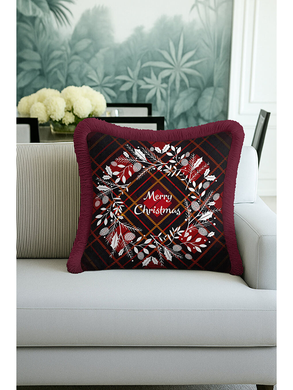 Karışık Zarif Çam Kozalaklı Saçaklı Yastık Kılıfı - Kış Rustik Bordo Kareli Püsküllü Kırlent Kılıfı-4