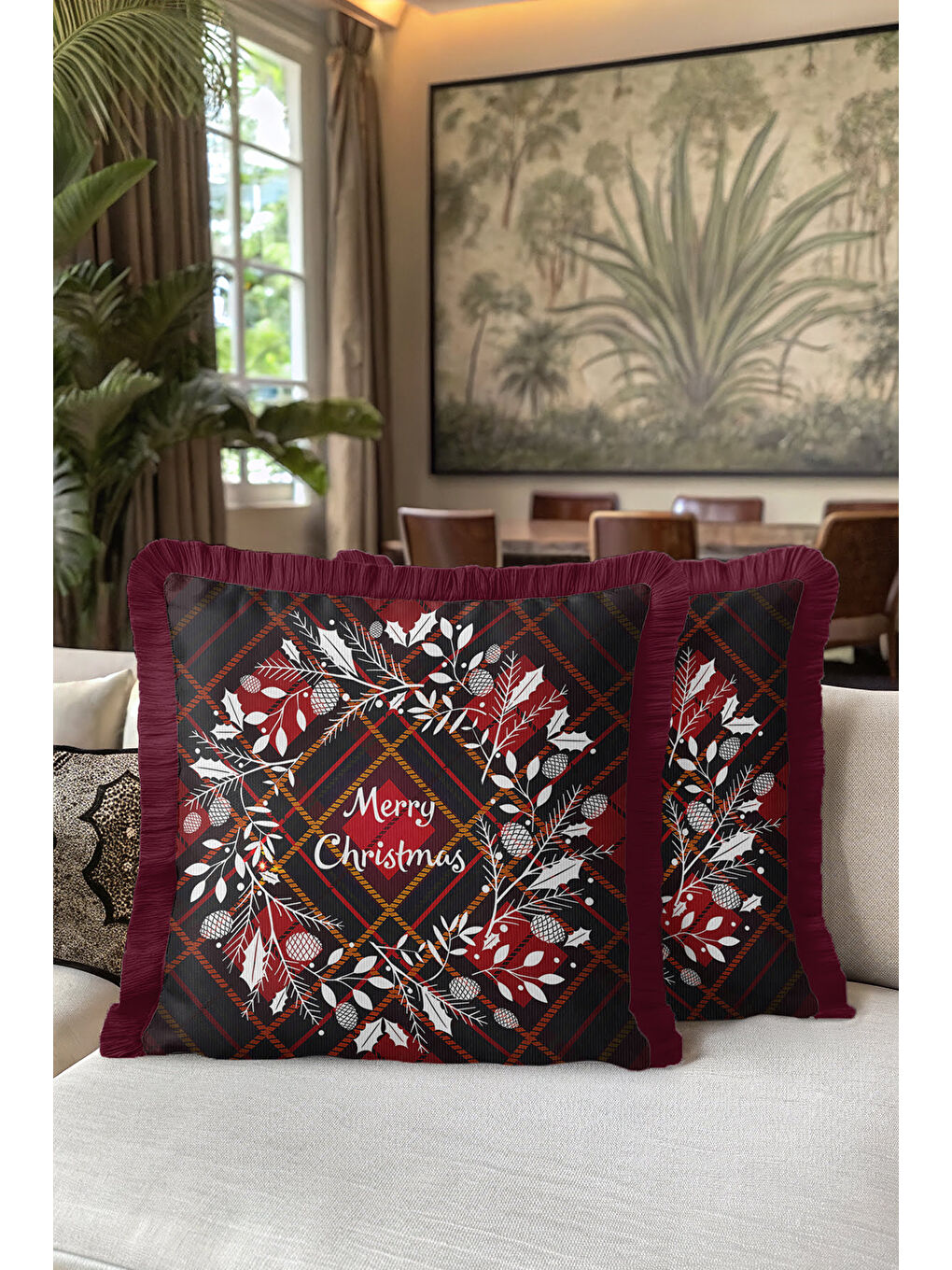 Karışık Zarif Çam Kozalaklı Saçaklı Yastık Kılıfı - Kış Rustik Bordo Kareli Püsküllü Kırlent Kılıfı-5