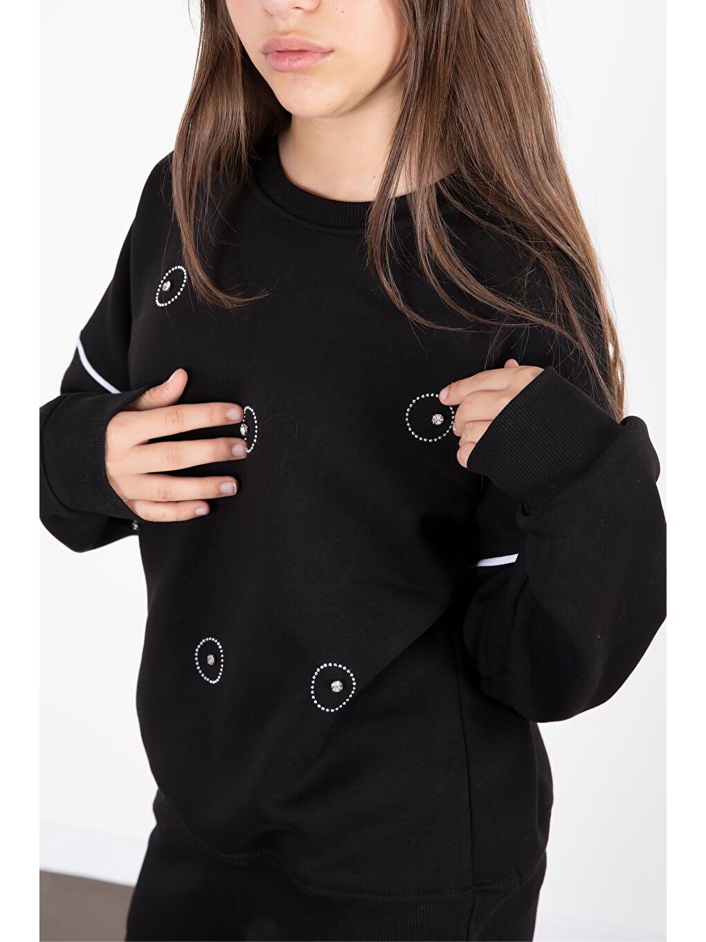 Siyah Payet İşlemeli Şardonlu Kız Çocuk 2li Eşofman Takımı 21428-4