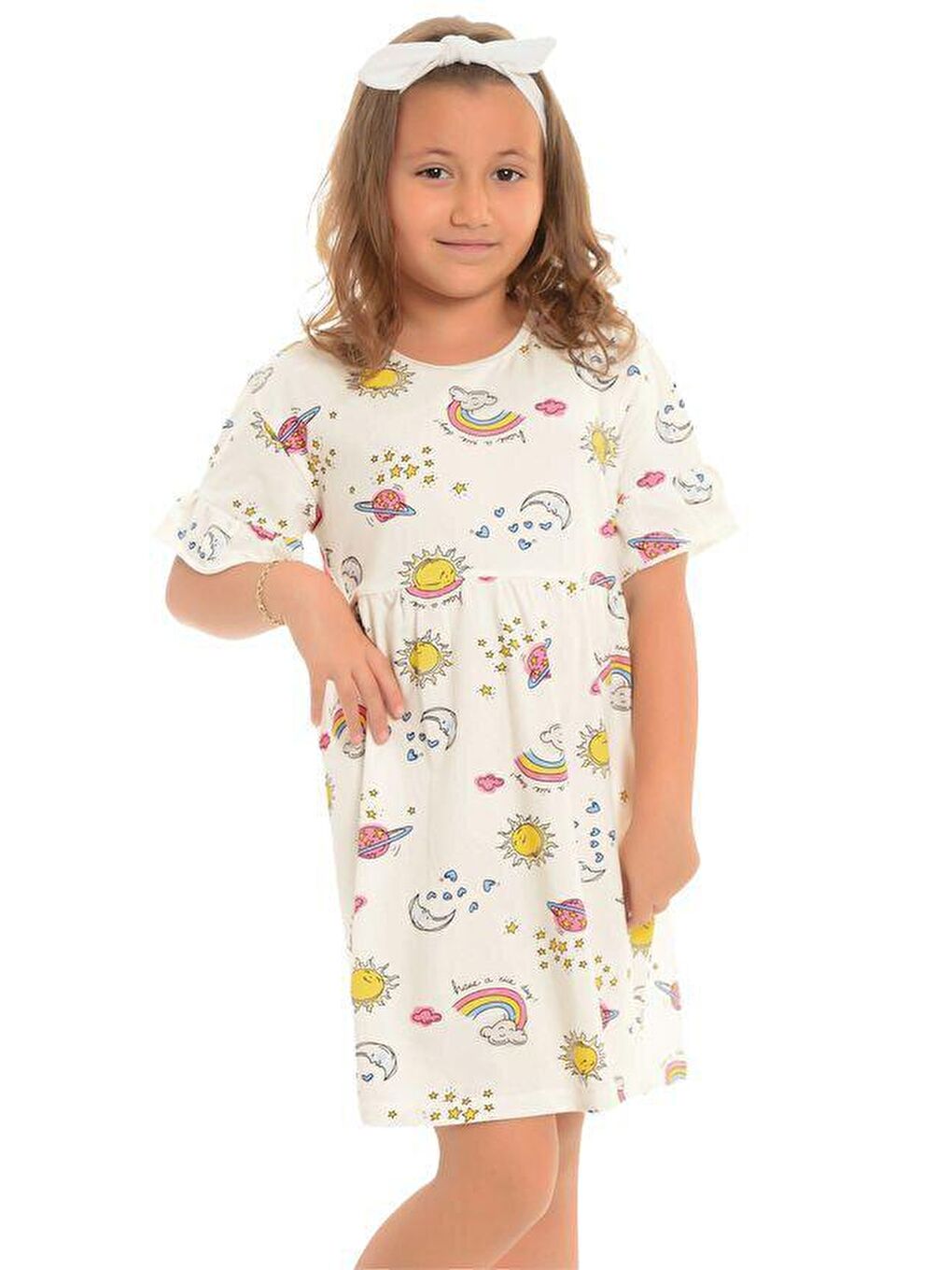 Little Frog Kids Ekru Pamuklu Kısa Kollu Desenli Kız Çocuk Tunik