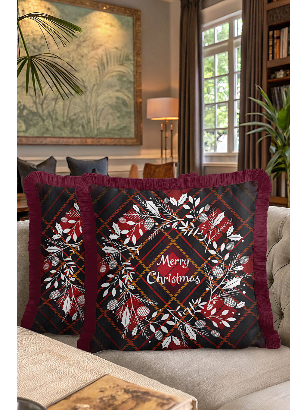 Karışık Zarif Çam Kozalaklı Saçaklı Yastık Kılıfı - Kış Rustik Bordo Kareli Püsküllü Kırlent Kılıfı-7