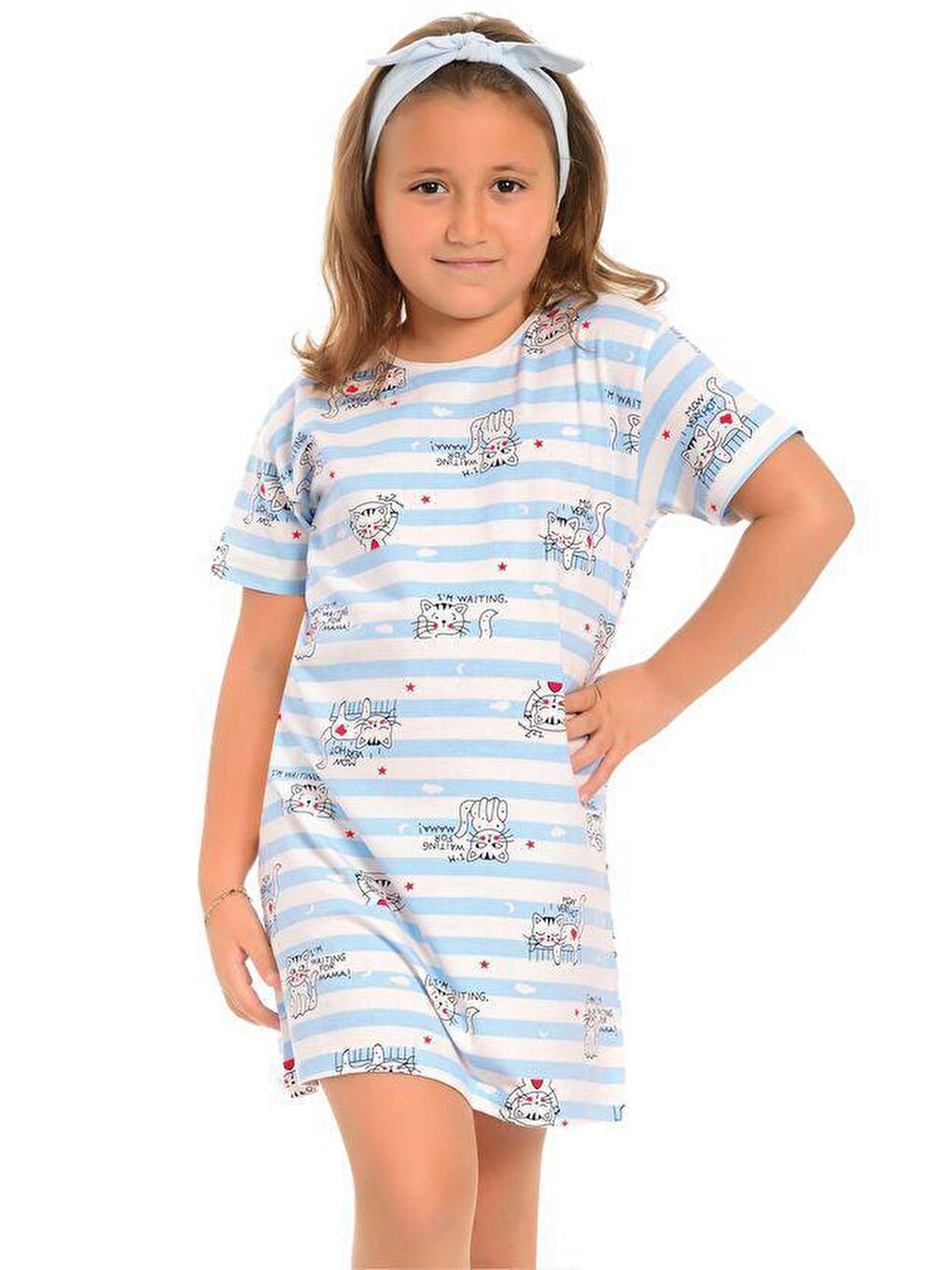 Mavi Pamuklu Kısa Kollu Desenli Kız Çocuk Tunik